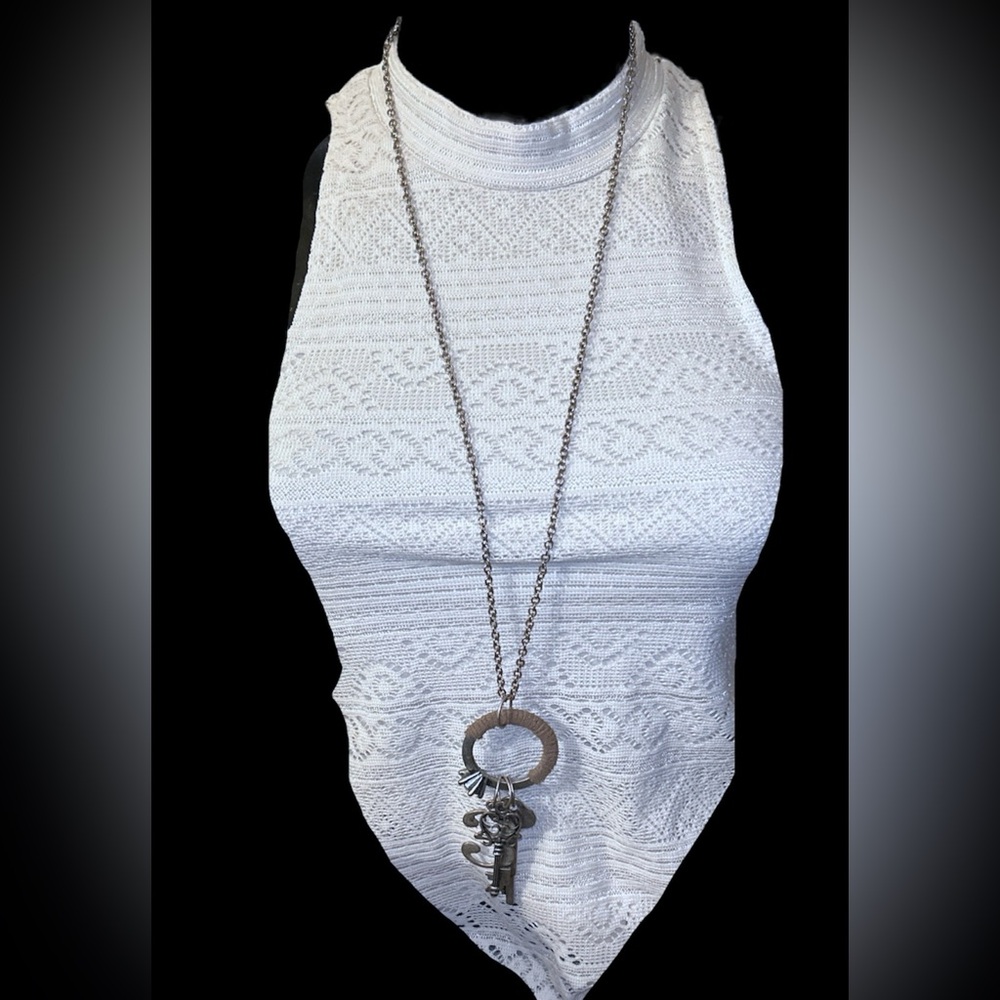 Vintage Paparazzi Long Chain Necklace With Engagement Ring Pendant And Charms